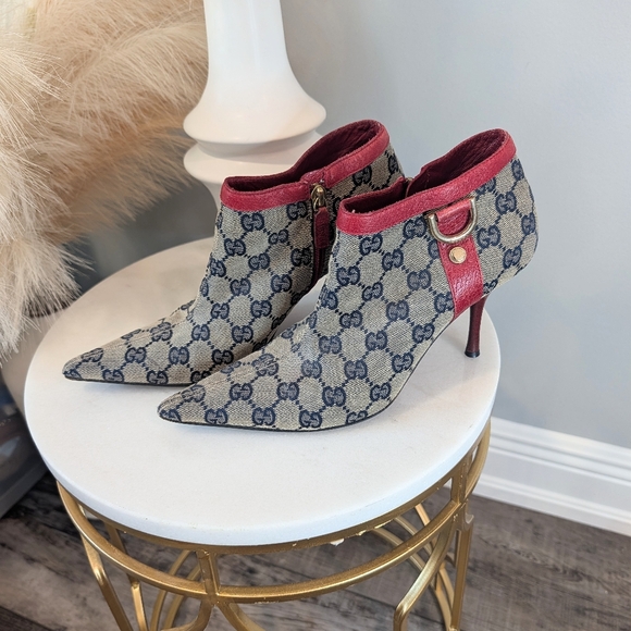 Gucci Shoes - Gucci D Ring GG Monogram Canvas Pointed Toe Ankle Booties with Red Trim Size 7